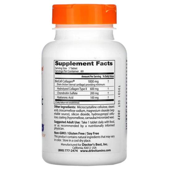 Doctor's Best Hyaluronic Acid + Chondroitin Sulphate With BioCell Collagen Tablets